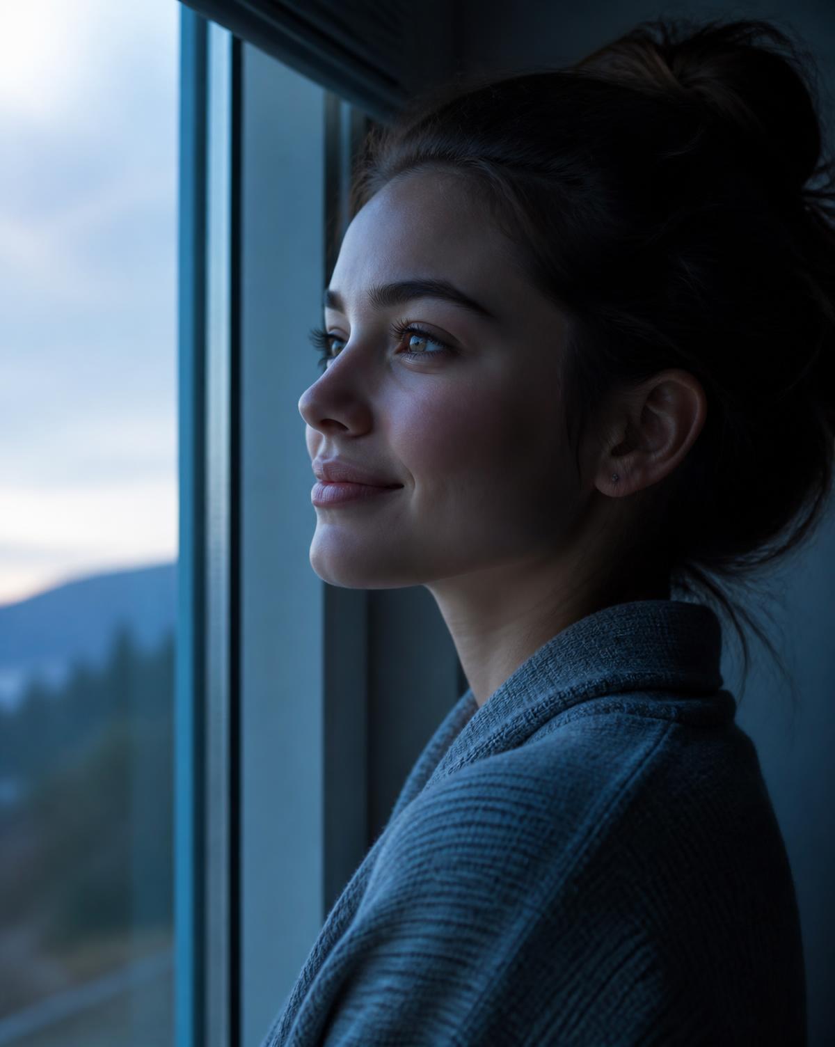 Mujer mirando por la ventana con calma